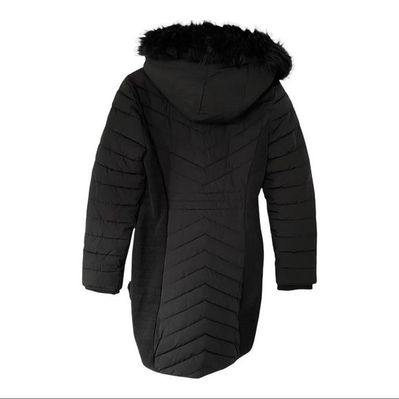 DKNY Long Puffer Jacket Women's quilted stretch panel sides black size large nwt - Picture 8 of 14